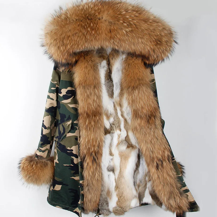 Maomaokong 2023 Winter Women Parkas Real Fur Long Coat Outwear Large Raccoon Fur Collar Thick Warm Jacket Rabbit Lining Hooded
