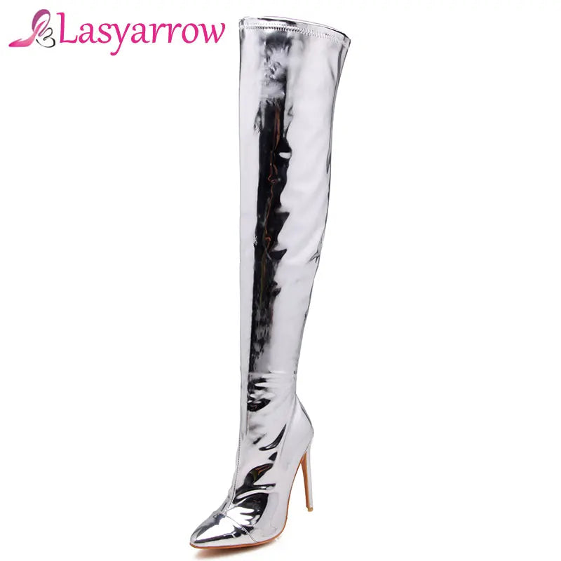 Plus size 48 Over Knee Boots Sexy Fetish Dance Nightclub Party Shoes High Heel Platform Women Silver Thigh High Boots Mujer