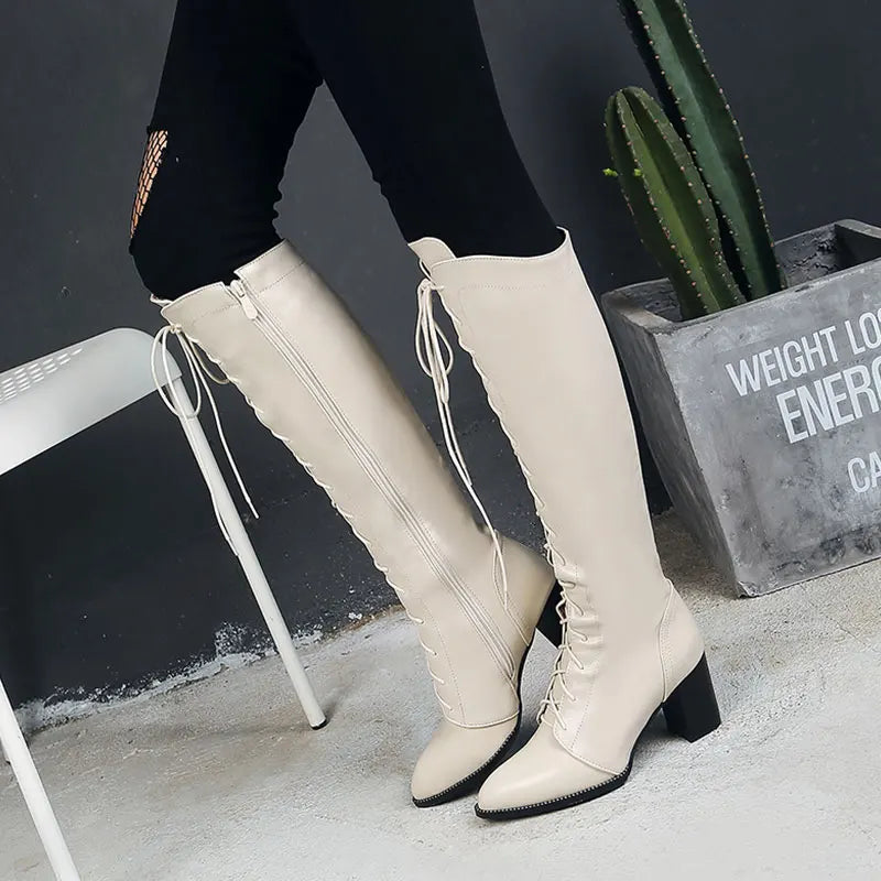 Lasyarrow Women Motorcycle Boots Pointed Toe Chunky Heel Riding Boots Shoes Female Lace Up Knee High Boots Black Brown Size 48