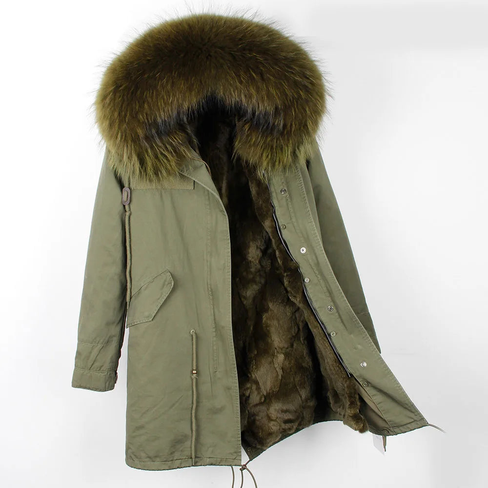 Maomaokong 2023 Winter Women Parkas Real Fur Long Coat Outwear Large Raccoon Fur Collar Thick Warm Jacket Rabbit Lining Hooded