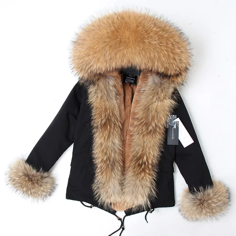 2024 MaoMaoKong Winter Jacket Parkas Natural Real Fox Fur Collar Faux Fur Lining Women Fur Coat
