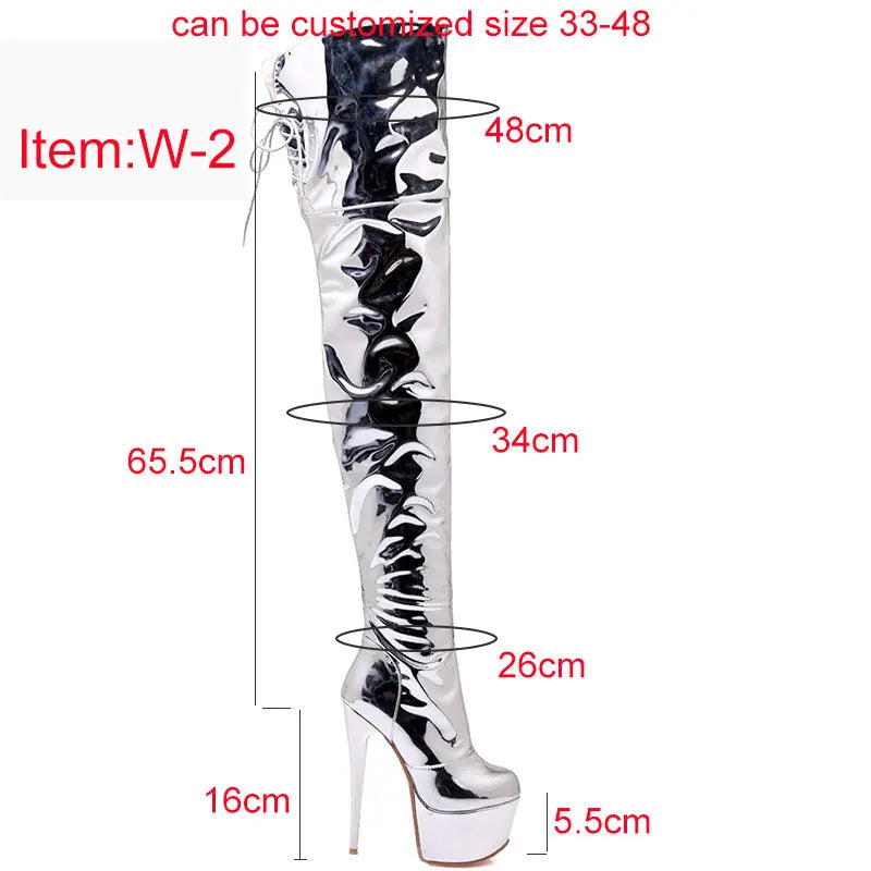 Plus size 48 Over Knee Boots Sexy Fetish Dance Nightclub Party Shoes High Heel Platform Women Silver Thigh High Boots Mujer