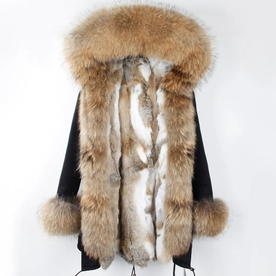 Maomaokong 2023 Winter Women Parkas Real Fur Long Coat Outwear Large Raccoon Fur Collar Thick Warm Jacket Rabbit Lining Hooded