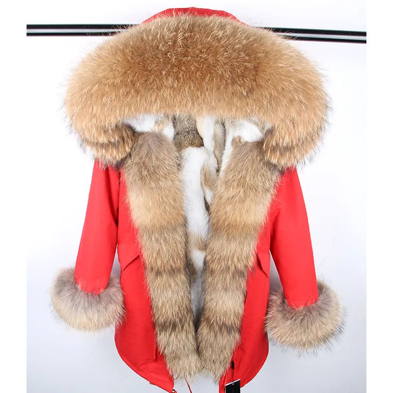 Maomaokong 2023 Winter Women Parkas Real Fur Long Coat Outwear Large Raccoon Fur Collar Thick Warm Jacket Rabbit Lining Hooded