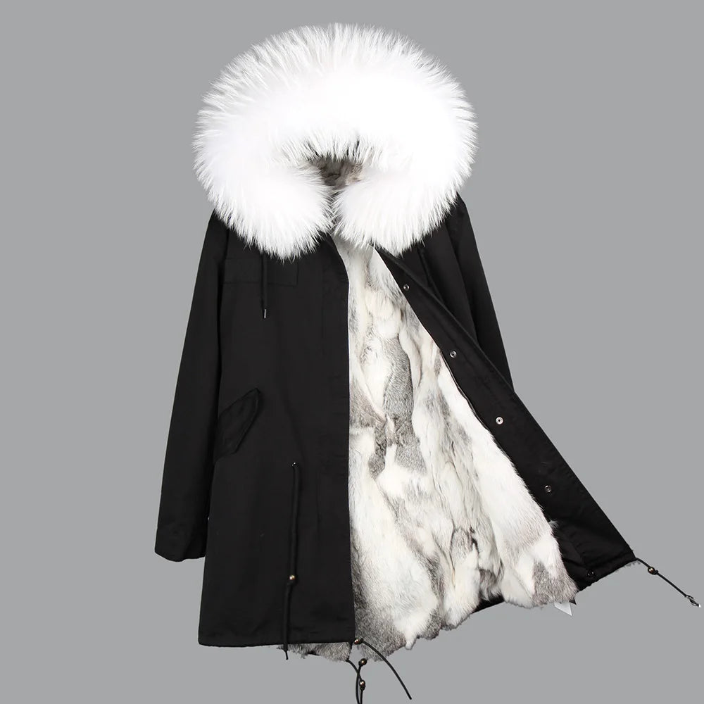 Maomaokong 2023 Winter Women Parkas Real Fur Long Coat Outwear Large Raccoon Fur Collar Thick Warm Jacket Rabbit Lining Hooded
