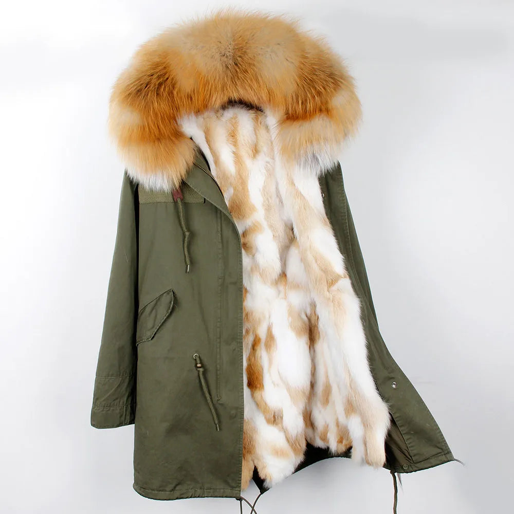Maomaokong 2023 Winter Women Parkas Real Fur Long Coat Outwear Large Raccoon Fur Collar Thick Warm Jacket Rabbit Lining Hooded