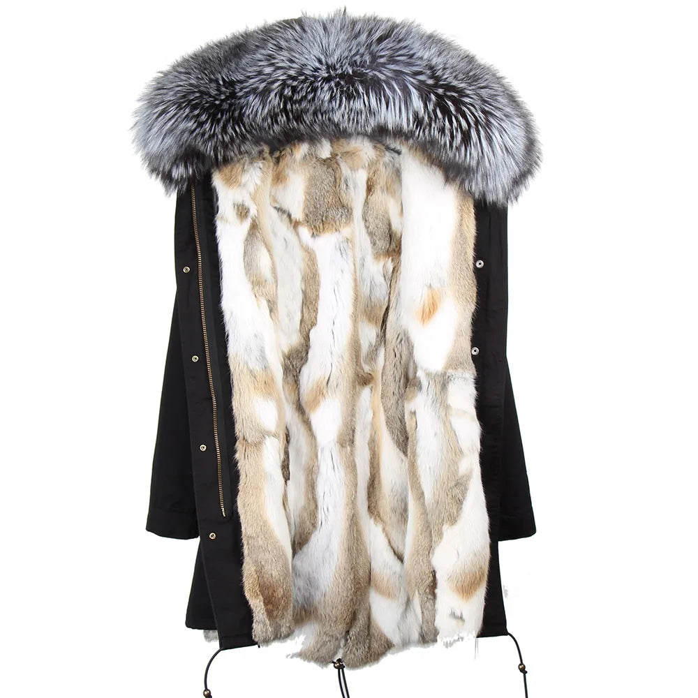 Maomaokong 2023 Winter Women Parkas Real Fur Long Coat Outwear Large Raccoon Fur Collar Thick Warm Jacket Rabbit Lining Hooded
