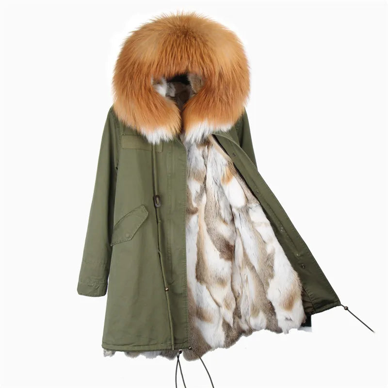 Maomaokong 2023 Winter Women Parkas Real Fur Long Coat Outwear Large Raccoon Fur Collar Thick Warm Jacket Rabbit Lining Hooded