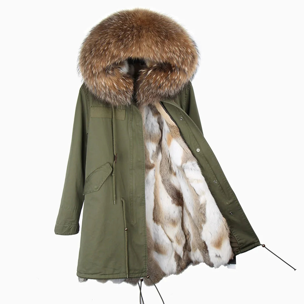 Maomaokong 2023 Winter Women Parkas Real Fur Long Coat Outwear Large Raccoon Fur Collar Thick Warm Jacket Rabbit Lining Hooded