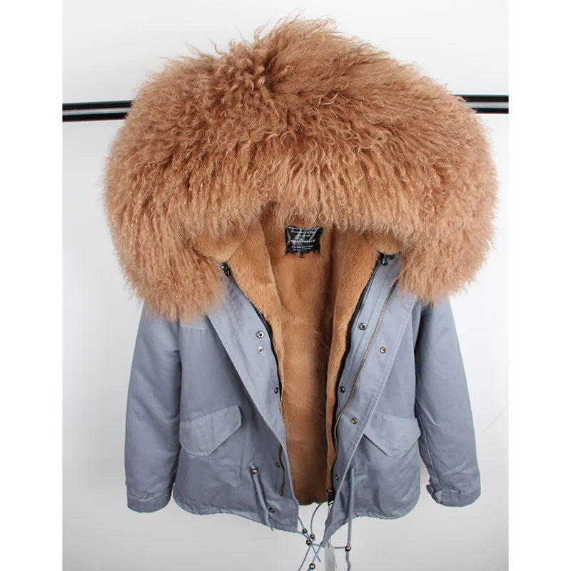 2024 MaoMaoKong Winter Jacket Parkas Natural Real Fox Fur Collar Faux Fur Lining Women Fur Coat