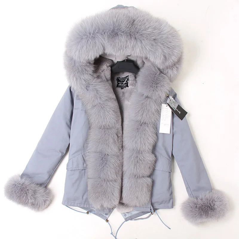 2024 MaoMaoKong Winter Jacket Parkas Natural Real Fox Fur Collar Faux Fur Lining Women Fur Coat