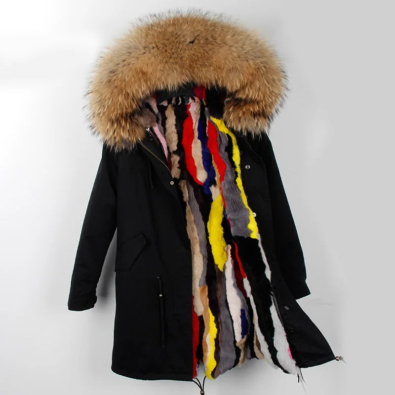 Maomaokong 2023 Winter Women Parkas Real Fur Long Coat Outwear Large Raccoon Fur Collar Thick Warm Jacket Rabbit Lining Hooded