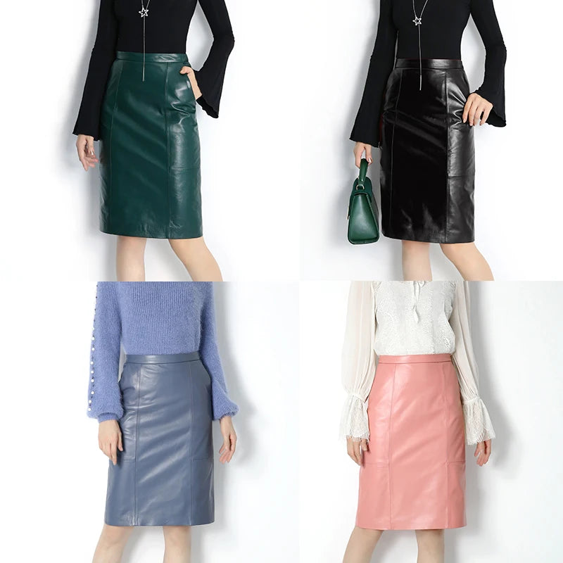 RYS8345 Winter NEW OL Genuine Leather Midi Long Wrap Skirt Ladies Elegant Simple Dark Green/Black/Pink/Blue Sexy Jupe Mujer Saia