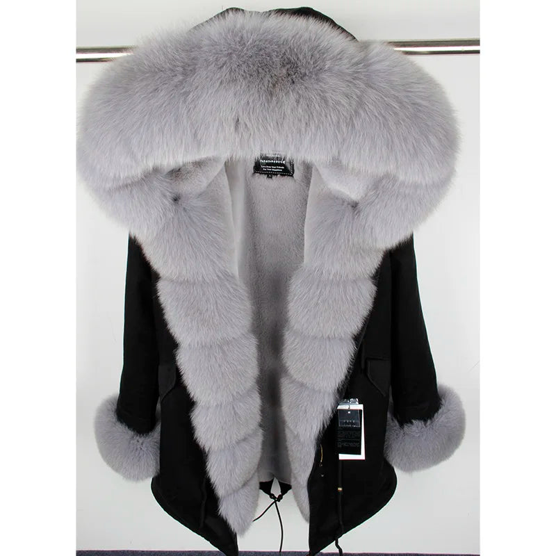 Maomaokong Winter Women Luxur Beige Fur Coat Natural Real Fox Fur Waterproof Jacket Hooded Thick Warm Fashion Long Black Parkas