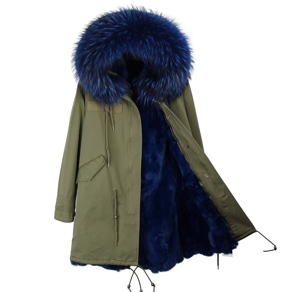 Maomaokong 2023 Winter Women Parkas Real Fur Long Coat Outwear Large Raccoon Fur Collar Thick Warm Jacket Rabbit Lining Hooded