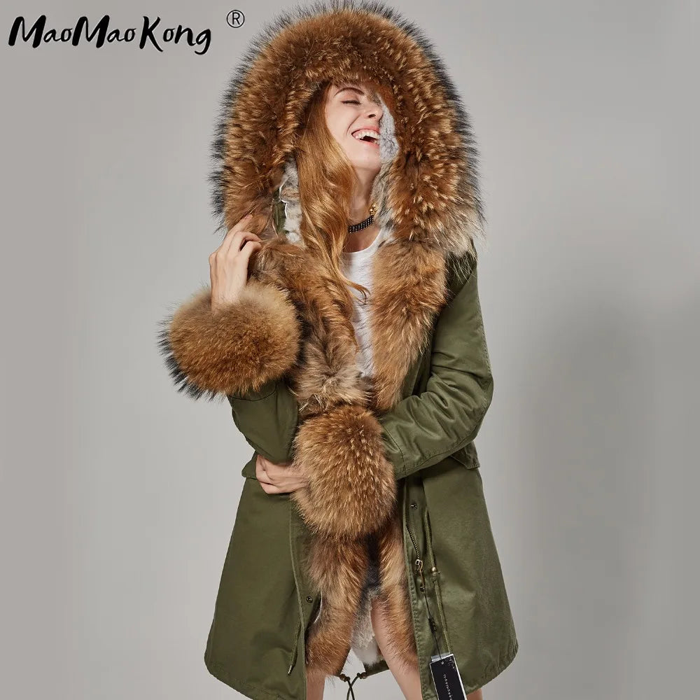 Maomaokong 2023 Winter Women Parkas Real Fur Long Coat Outwear Large Raccoon Fur Collar Thick Warm Jacket Rabbit Lining Hooded