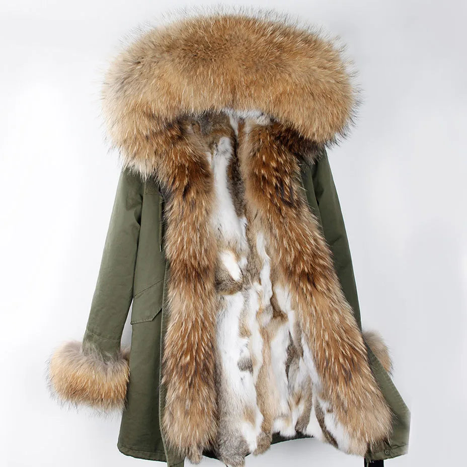 Maomaokong 2023 Winter Women Parkas Real Fur Long Coat Outwear Large Raccoon Fur Collar Thick Warm Jacket Rabbit Lining Hooded