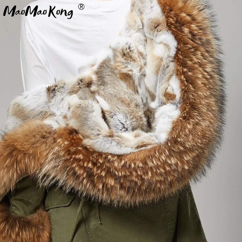 Maomaokong 2023 Winter Women Parkas Real Fur Long Coat Outwear Large Raccoon Fur Collar Thick Warm Jacket Rabbit Lining Hooded