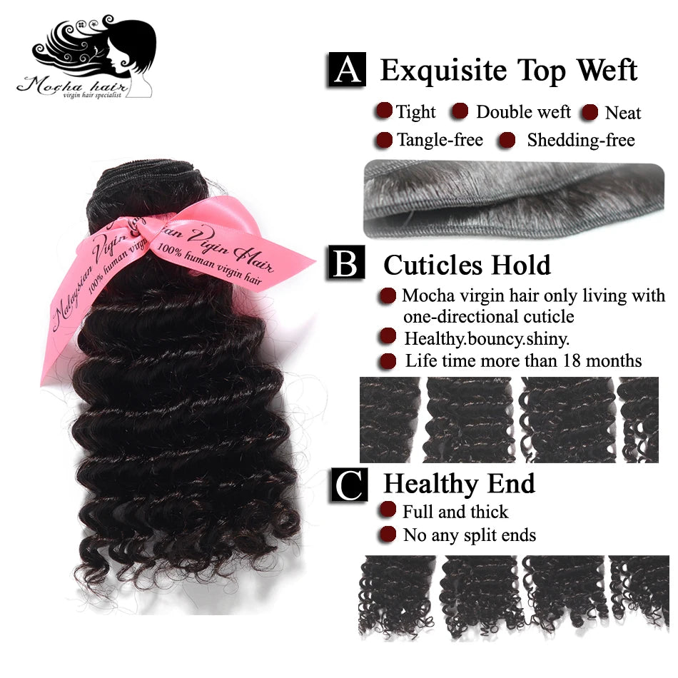 Mocha Hair  Malaysian Remy Hair Deep Wave 100% Human Hair Weave 3 Bundles Natural Color 12"-28" Free Shipping