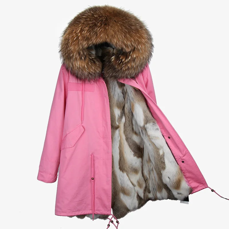Maomaokong 2023 Winter Women Parkas Real Fur Long Coat Outwear Large Raccoon Fur Collar Thick Warm Jacket Rabbit Lining Hooded