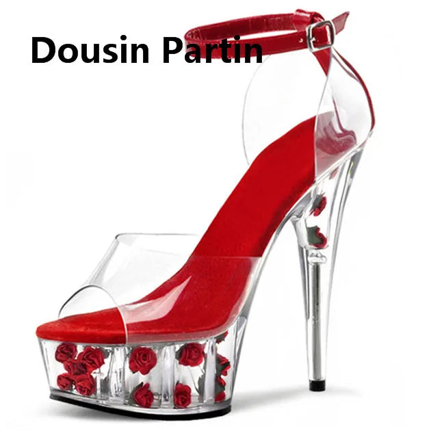 Handmade Stiletto New Fashion Shoes Woman Sandals Rose Inside PVC Thin Heel Ankle Buckle Patchwork High Heels Wedding Shoes