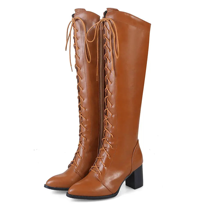 Lasyarrow Women Motorcycle Boots Pointed Toe Chunky Heel Riding Boots Shoes Female Lace Up Knee High Boots Black Brown Size 48