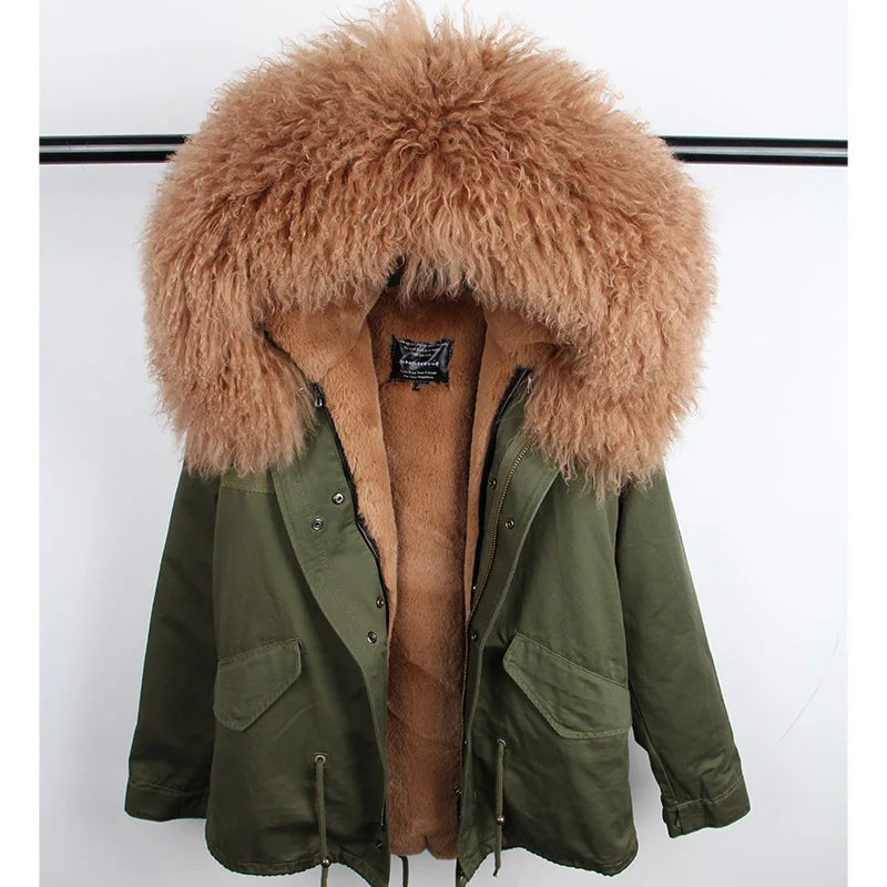 2024 MaoMaoKong Winter Jacket Parkas Natural Real Fox Fur Collar Faux Fur Lining Women Fur Coat