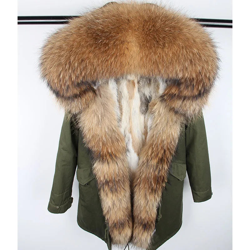 Maomaokong 2023 Winter Women Parkas Real Fur Long Coat Outwear Large Raccoon Fur Collar Thick Warm Jacket Rabbit Lining Hooded