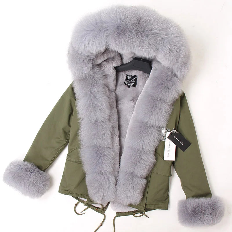 2024 MaoMaoKong Winter Jacket Parkas Natural Real Fox Fur Collar Faux Fur Lining Women Fur Coat