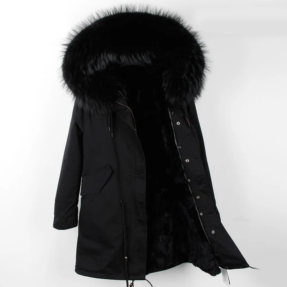 Maomaokong 2023 Winter Women Parkas Real Fur Long Coat Outwear Large Raccoon Fur Collar Thick Warm Jacket Rabbit Lining Hooded