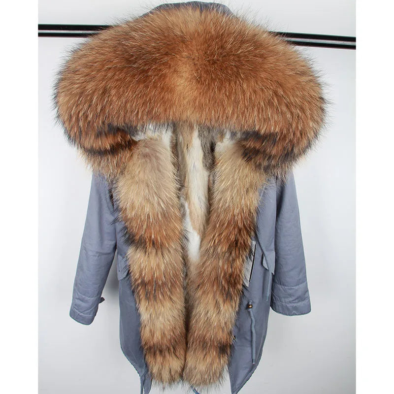 Maomaokong 2023 Winter Women Parkas Real Fur Long Coat Outwear Large Raccoon Fur Collar Thick Warm Jacket Rabbit Lining Hooded