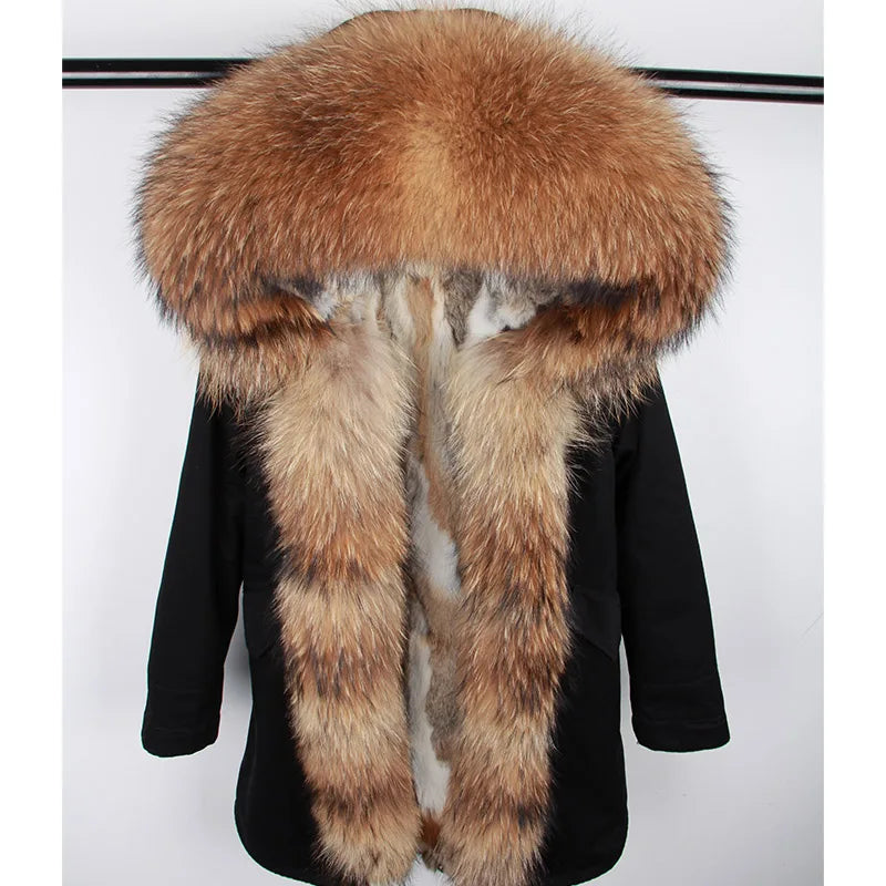 Maomaokong 2023 Winter Women Parkas Real Fur Long Coat Outwear Large Raccoon Fur Collar Thick Warm Jacket Rabbit Lining Hooded