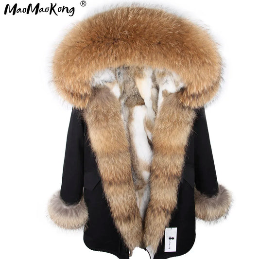Maomaokong 2023 Winter Women Parkas Real Fur Long Coat Outwear Large Raccoon Fur Collar Thick Warm Jacket Rabbit Lining Hooded
