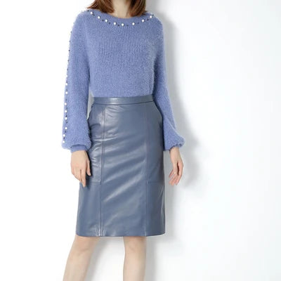 RYS8345 Winter NEW OL Genuine Leather Midi Long Wrap Skirt Ladies Elegant Simple Dark Green/Black/Pink/Blue Sexy Jupe Mujer Saia