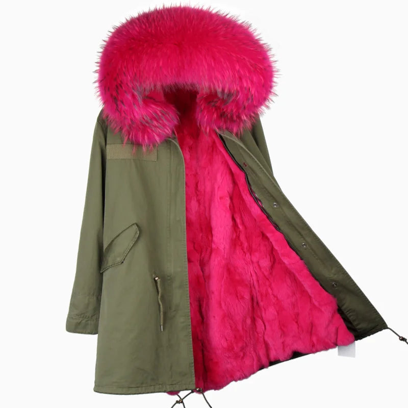 Maomaokong 2023 Winter Women Parkas Real Fur Long Coat Outwear Large Raccoon Fur Collar Thick Warm Jacket Rabbit Lining Hooded
