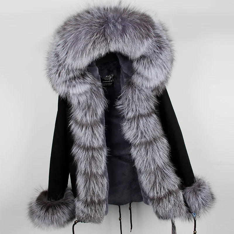2024 MaoMaoKong Winter Jacket Parkas Natural Real Fox Fur Collar Faux Fur Lining Women Fur Coat