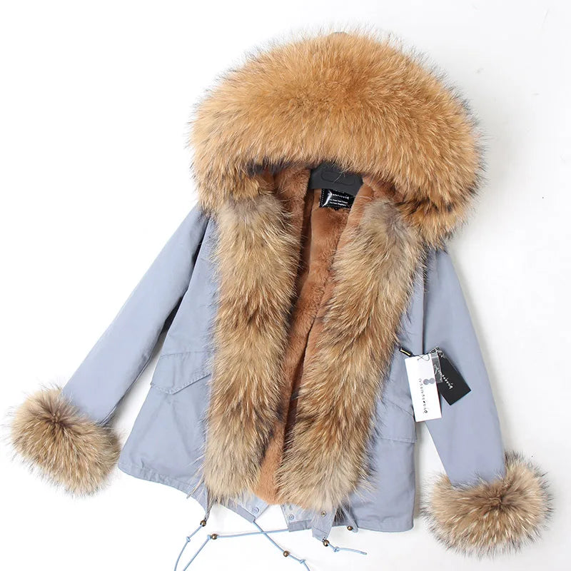 2024 MaoMaoKong Winter Jacket Parkas Natural Real Fox Fur Collar Faux Fur Lining Women Fur Coat