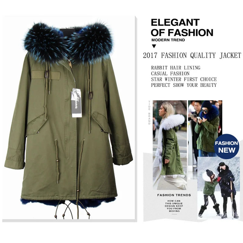 Maomaokong 2023 Winter Women Parkas Real Fur Long Coat Outwear Large Raccoon Fur Collar Thick Warm Jacket Rabbit Lining Hooded