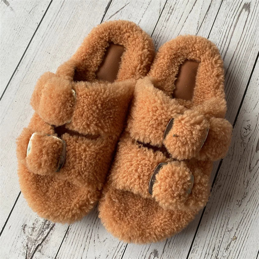 New Woman Real Wool Slipper Plush Warm Flats Slippers Plaform Shoes Flip Flops Women's Sandals Summer 2025 Designer Shoes