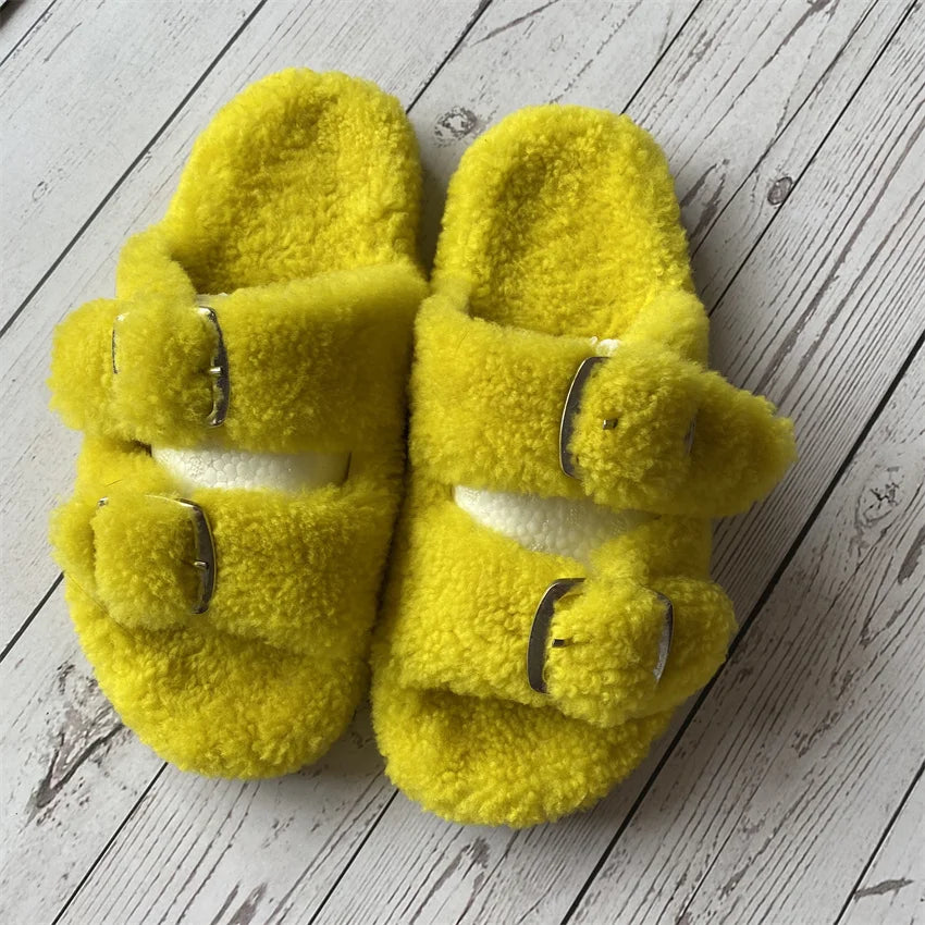 New Woman Real Wool Slipper Plush Warm Flats Slippers Plaform Shoes Flip Flops Women's Sandals Summer 2025 Designer Shoes