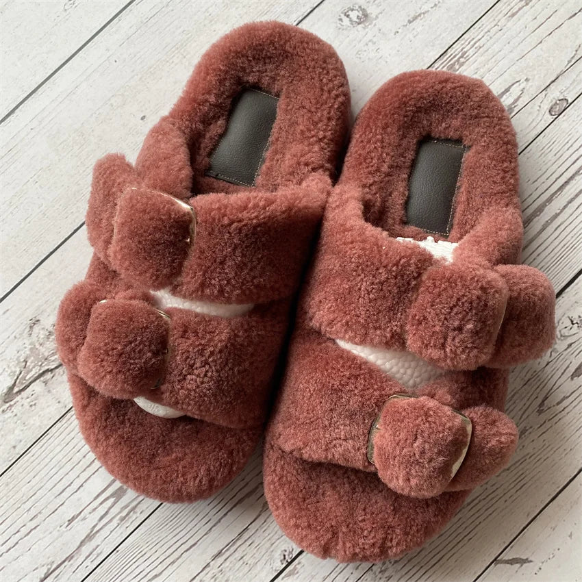New Woman Real Wool Slipper Plush Warm Flats Slippers Plaform Shoes Flip Flops Women's Sandals Summer 2025 Designer Shoes