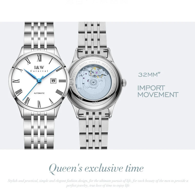 I&W Luxury Mechanical Watches for Woman Stainless Steel Ladies Automatic Watch Japan Movement Calendar Sapphire Watch Women 2025