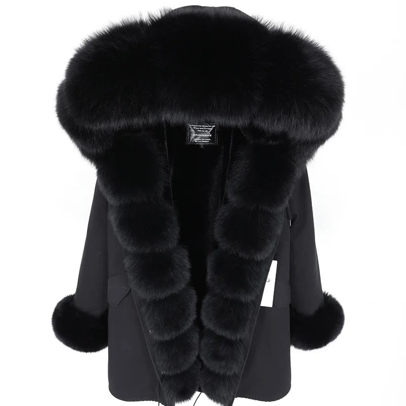 MaoMaoKong Natural Real Fox Fur Jacket Hooded Black Waterproof Woman Winter Warm Coat Parkas Luxury Jacket Female Clothing