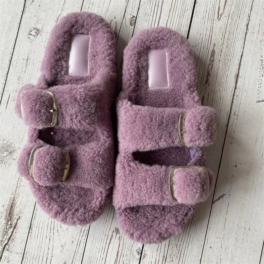 New Woman Real Wool Slipper Plush Warm Flats Slippers Plaform Shoes Flip Flops Women's Sandals Summer 2025 Designer Shoes