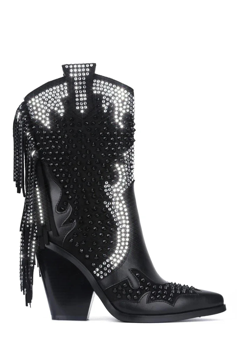 New style black women's rhinestone over the knee boots winter crystal fringed cowboy boots women's boots with thick heels plus44