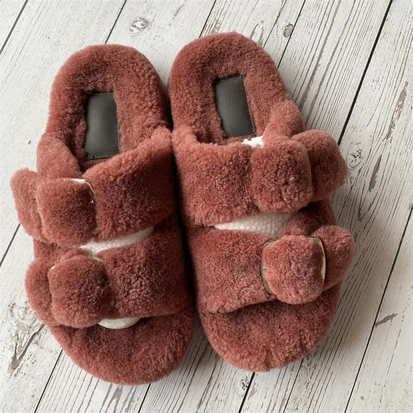 New Woman Real Wool Slipper Plush Warm Flats Slippers Plaform Shoes Flip Flops Women's Sandals Summer 2025 Designer Shoes