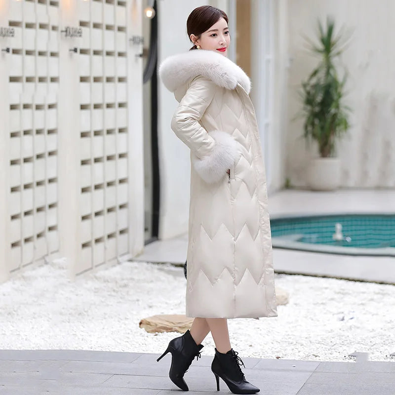 Real Fox Fur Collar Warm Down Jackets Genuine Leather Women Winter Coat Sheepskin Long Female Outwear Jackets