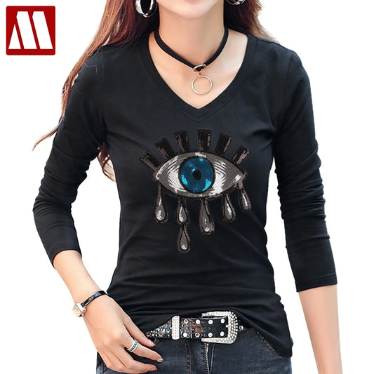 New Summer  Women Cotton Tears T Shirts Ladies Big Eyes Embroidery Sequins T-shirt Loose Style Casual Tshirt Women Casual Tops
