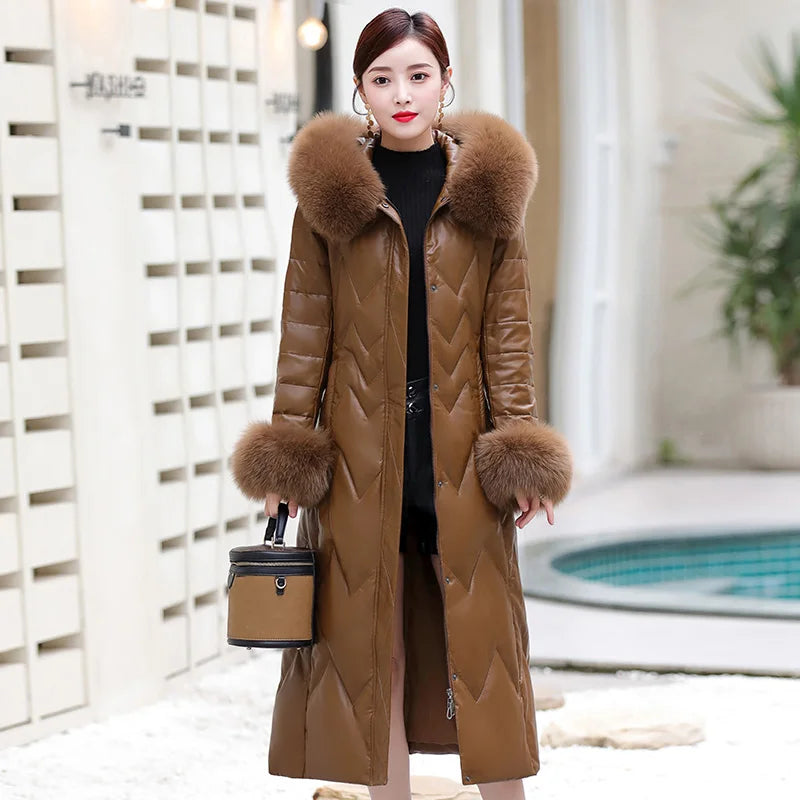 Real Fox Fur Collar Warm Down Jackets Genuine Leather Women Winter Coat Sheepskin Long Female Outwear Jackets