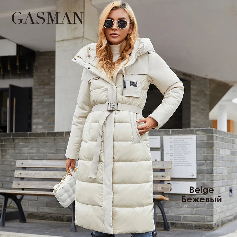 GASMAN 2022 Women's jacket long Fashion Grace women winter down jackets Zipper pocket with belt parka high quality outwear 8189
